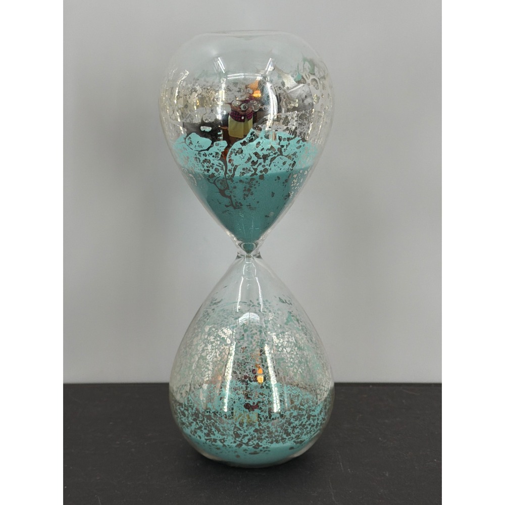 Turquoise Sand Glass Hourglass Silver Mercury Glass Speckled 8" MCM Decor 32min